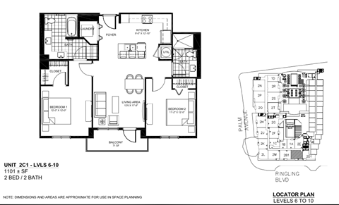 Floor plan for 2 beds, 2 baths, 1085 sqft